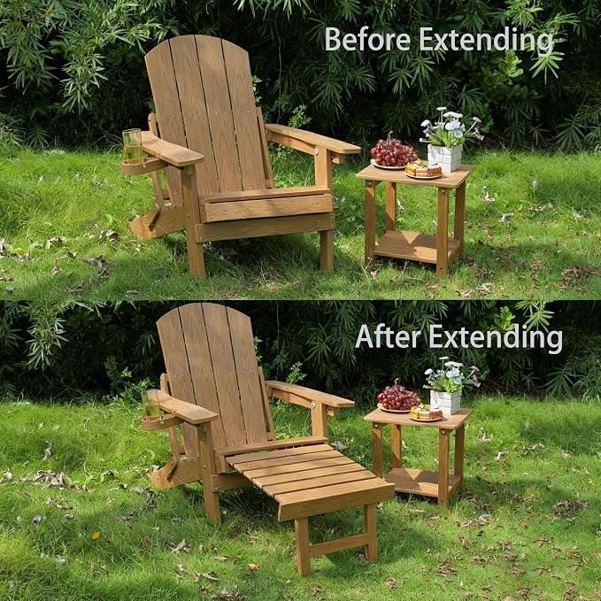 Outdoor Foldable Adirondack Chair with footrest,Patio Recliner,3-Level Adjustable Backrest,Hidden Ottoman,Ergonomic Design,Ideal for Patio,Camping, Pool Use.(Natural)