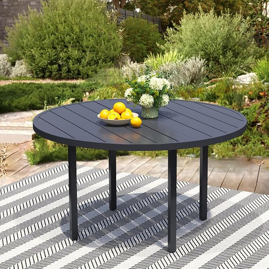 60" Round Patio Table with Umbrella Hole, Metal Outdoor Dining Table for Garden, Backyard and Deck, 8 Person Round Patio Dining Table for Outside, Black