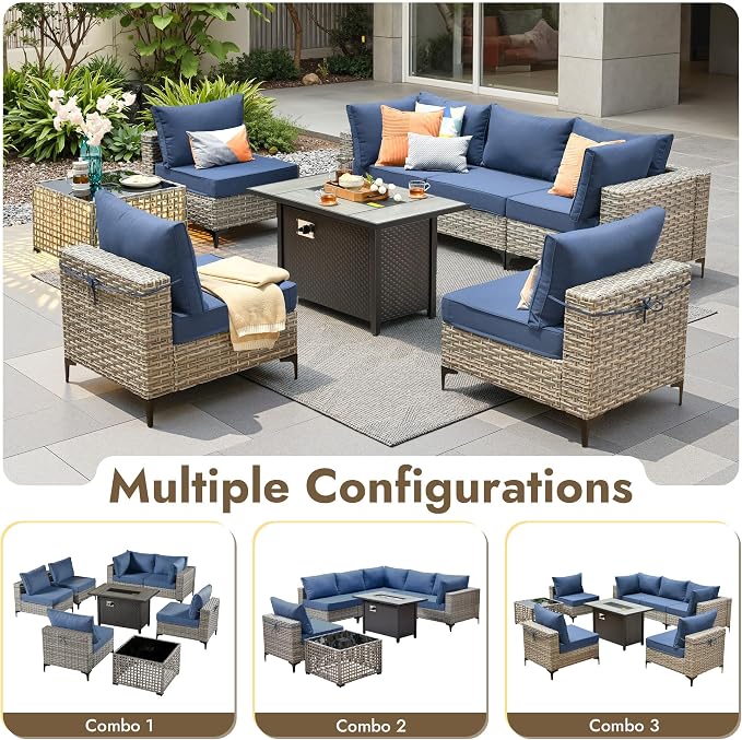 8 Pieces Patio Furniture Set with 42" Fire Pit, All-Weather Rattan Outdoor Sectional Conversation Sets L Shaped Sofas with Solar Light Coffee Table for Porch Balcony Backyard Denim Blue
