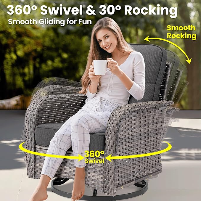ovios 9 Pieces Patio Furniture Set, Outdoor Wicker Sofa Couch with Swivel Glider Chairs Solar Lights Table, Modern Deep Seat Rattan Conversation Sets for Deck Porch, Black