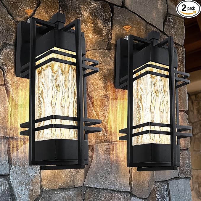 15'' Dusk to Dawn Outdoor Wall Lantern,Front Porch Light, 2Pack, Black | Rustproof Metal Frame, Water Ripple Glass, T30 Bulb Included, E26 Bulb,2700K Warm Light, Patio Light for Front Door