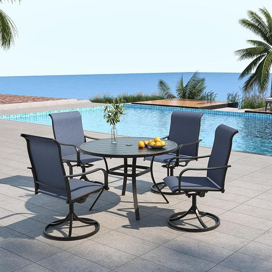 Outdoor Navy Blue Swivel Chairs and 41" Round Table Dining Set 5 Piece Sty2 | 41 inch Metal Round Table; 4 Piece Swivel Chairs: High Back, Curved Armrest, Textilene Fabric, Rocking; All Weather