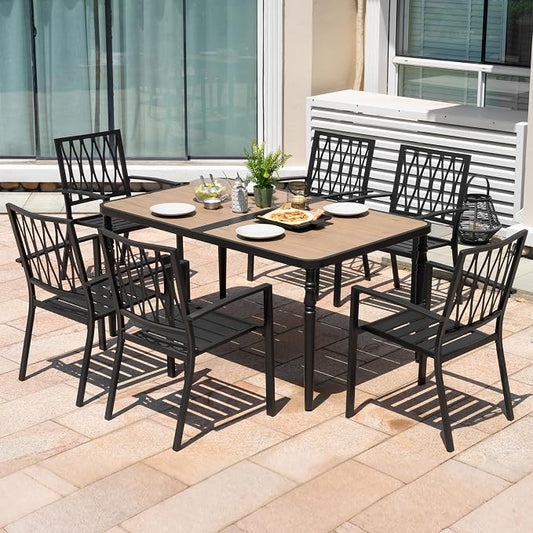 NUU GARDEN Outdoor 7-Piece Patio Dining Set, 6 Patio Chairs and 61" x 37" Rectangle Metal Dining Table with Umbrella Hole, Iron Frame Wood-Grain Tabletop, for Backyard, Deck, Garden, Black