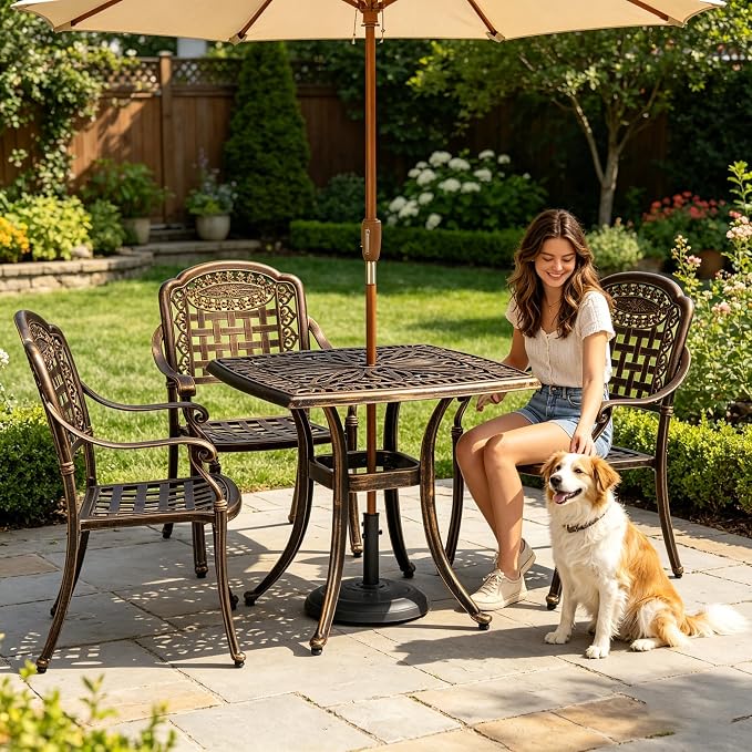 34.5" Outdoor Bistro Table - Square Cast Aluminum Small Patio Side Tables, Outdoor End Table All Weather Furniture with Umbrella Hole and Antique Design for Balcony Yard Porch Garden Bronze