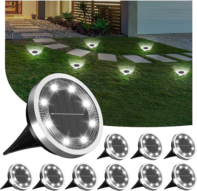INCX 10Pack Solar Ground Lights Outdoor, 8 LED, IP65 Waterproof, Cold White | 600mAh Ni-MH battery, 8-10h runtime, stainless steel, ABS and PP body, solar garden lights for pathways, lawns and driveways
