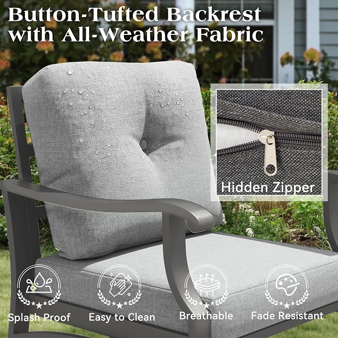 Outdoor Swivel Rocking Chairs, 3 Piece Metal Patio Rocking Chair w/Coffee Table, Aluminum Patio Bistro Furniture Set with 5" Thickened Cushions for Porch, Backyard, Balcony, Gray