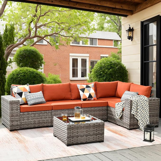 ovios 6 Pieces Patio Furniture Set, Outdoor Wicker Sectional Sofa with Coffee Table Comfy Cushions, Modern Modular Deep Seat Couch Rattan Conversation Set, Orange Red