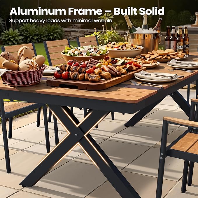 Pellebant 94" Outdoor Dining Table for 8-10, 8ft Aluminum Patio Table with Umbrella Hole, Weather Resistant Teak Wood Grain Tabletop and Sturdy Frame for Deck, Porch, Backyard
