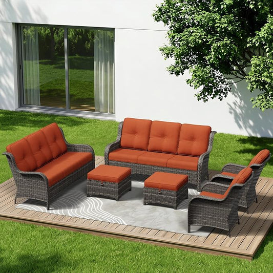 6 Piece Outdoor Wicker Patio Furniture Set, Patio Chairs Set with Thickened Olefin Cushions, High Back and Deep Seating, Hand-Woven PE Rattan, Ottoman for Porch, Deck