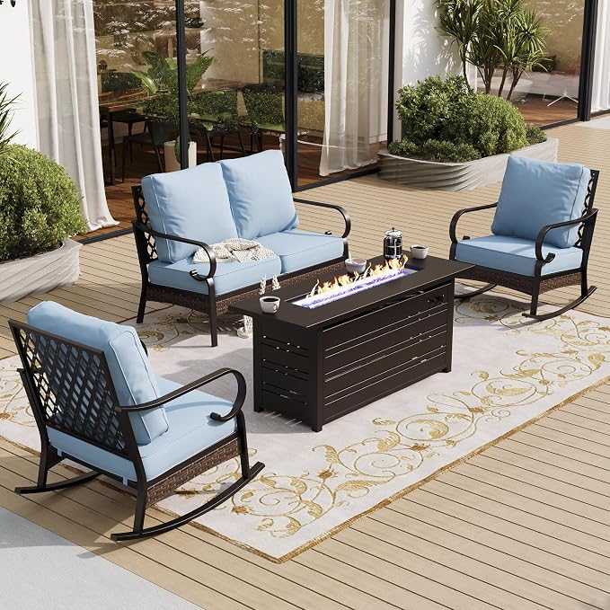SUNSHINE VALLEY 4 Piece Metal Outdoor Patio Furniture Sets with Firepit Table, Patio Conversation Sets 1 2-Seater Sofa, 2 Rocking Sofa with 5.75" Cushion Black Backyard Furniture for Deck, Blue