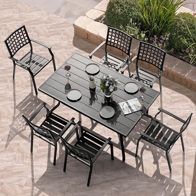 NUU GARDEN Outdoor Patio Dining Set, Black Powder-Coated Finish, 6 Dining Chairs and 61'' x 37'' Rectangle Dining Table with 1.57'' Umbrella Hole, Iron Frame, for Outdoor and Indoor Space