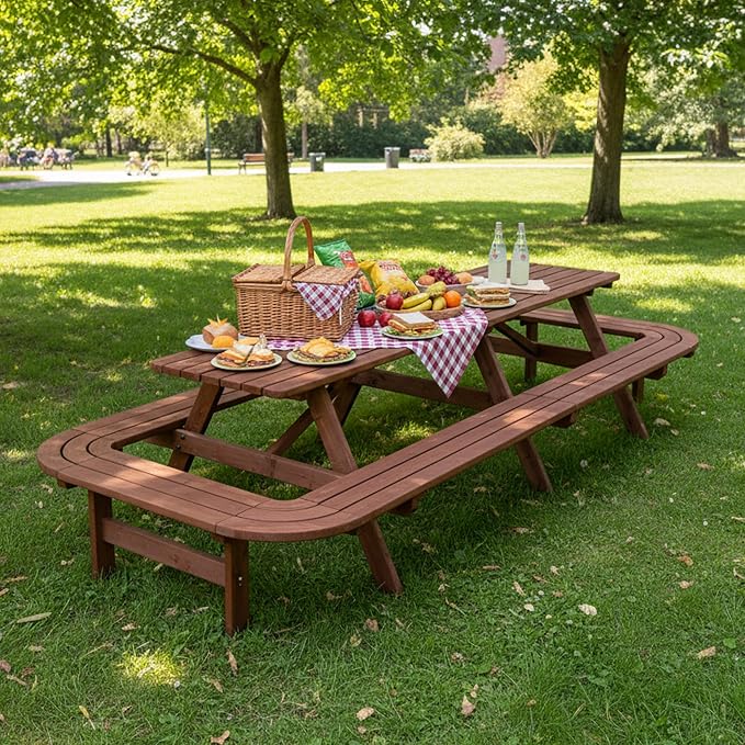 Hohuqeri Picnic Table Bench Set for 16 Persons, 8FT Large Camping Table, Wood Outdoor Dining Beer Table Set with 2” Umbrella Hole for Patio Lawn Garden (Brown)