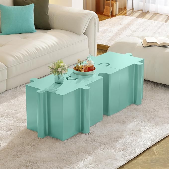 Christopher Knight Home Daton Interlocking Puzzle Outdoor Side Table, Lightweight Concrete Patio Coffee Table, Concave Edge MGO Modular End Table, Creative Set Up for Indoor&Outdoor Use, Mint Green