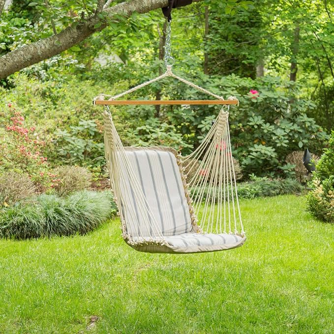 Original Pawleys Island Sunbrella Cushioned Single Swing in Cove Pebble with Oak Spreader Bar, Handcrafted in The USA, 350 LB Weight Capacity, 24 in. L x 24 in W x 24 in. D