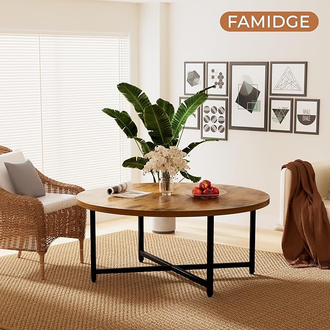 FAMIDGE Coffee Table, 31.5" Large Round Coffee Table for Living Room, Center Tables for Family & Office Use, Outdoor Coffee Table Round, Large Rustic Brown(31.5" D x 17.7" H)