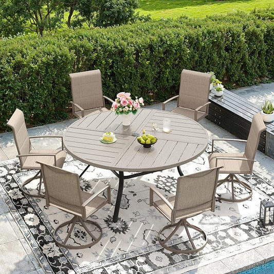 DIFY 7 Piece Outdoor Dining Set, Metal Patio Table and Chairs Set, 53.1" Grey Wood-Like Round Dining Table & 6 Sandshell Padded Textilene Swivel Patio Chairs, Outdoor Furniture Set for Garden Backyard