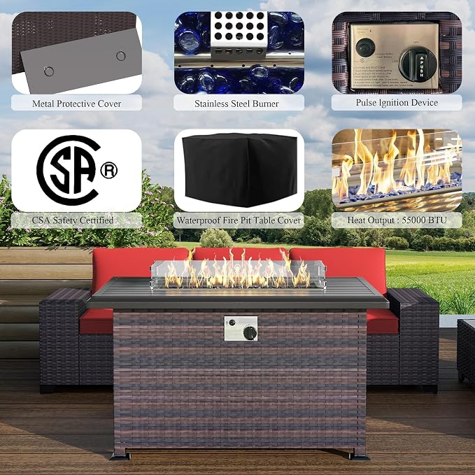 13 PCS Outdoor Patio Furniture Set,Outdoor Sectional Furniture with 43" 55000 BTU Gas Propane Fire Pit Table,All Weather PE Rattan Wicker Patio Conversation Set,Red