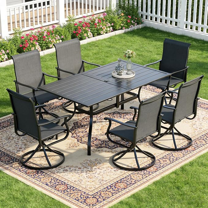 SUNCROWN 7-Piece Outdoor Patio Dining Set, All Weather Rectangular Metal Table & 6 Black Swivel Textilene Mesh Chairs, Weather Resistant Patio Furniture for Deck Lawn Garden Backyard Poolside