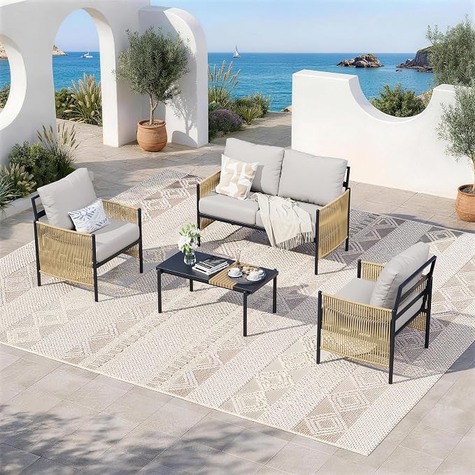 Aluminum Outdoor Patio Furniture Set, 4 Seats Outdoor Sectional with Coffee Table, Patio Conversation Sets with Washable Thick Cushions and Waterproof Cover for Backyard/Garden /Poolside, Silver Gray