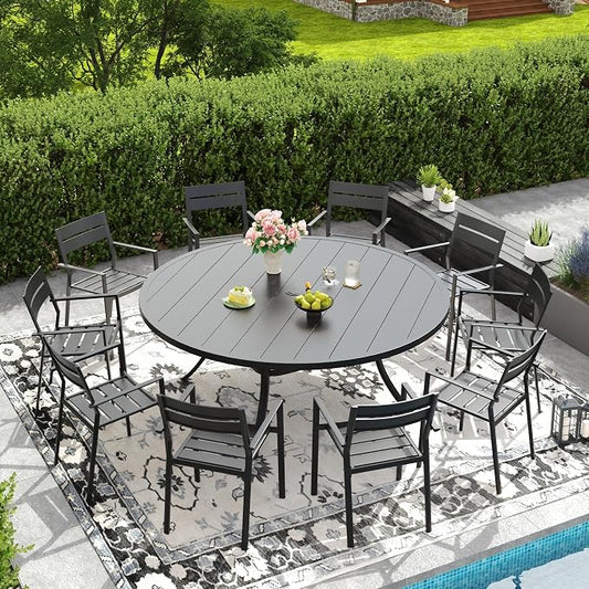 DIFY 11 Piece Outdoor Patio Dining Set for 10, Patio Table and Chairs Set with Umbrella Hole, 63" Round Dining Table and Stackable Metal Chairs for Backyard Garden Poolside, Black
