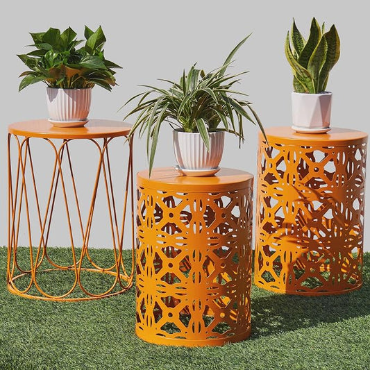 Y&M Outdoor Side Tables Set of 3, Metal Stacking Patio Side Tables for Outside, Round Indoor End Tables, Decorative Garden Stool Plant Stand for Patio Garden Balcony Porch, Orange