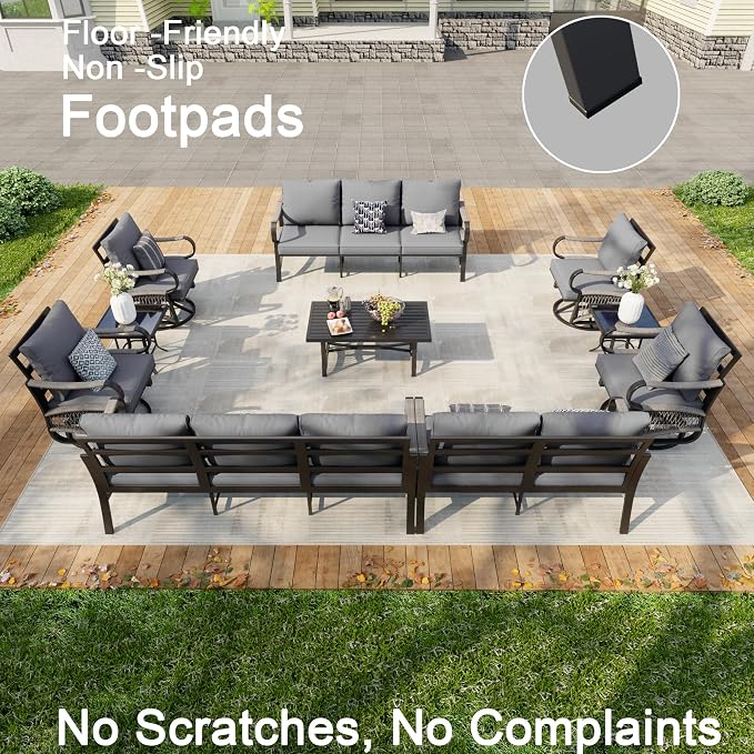 10-Piece Patio Conversation Sets, All Weather Metal Outdoor Furniture Set Includes 2 Three-Seater Sofa 4 Swivel Rockers with 2 Side Tables 1 Loveseat with Coffee Table for Deck Porch Poolside, Gray
