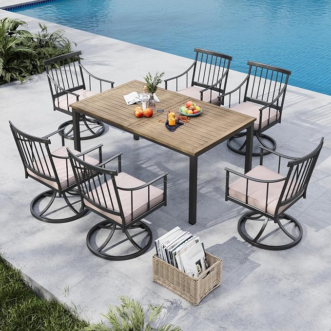 MFSTUDIO 7-Piece Patio Dining Set, Swivel Metal Chairs, Umbrella Hole | 64" Rectangular Wood-Look Metal Table, Removable Cushions