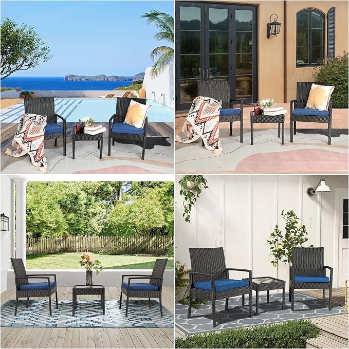 3PCS PE Rattan Patio Conversation Set, Outdoor Patio Furniture Sets | Thick Polyester Cushions, Tempered Coffee Table, Steel Frame Holds 330 LBS for Backyard Lawn Porch Poolside Balcony, Blue