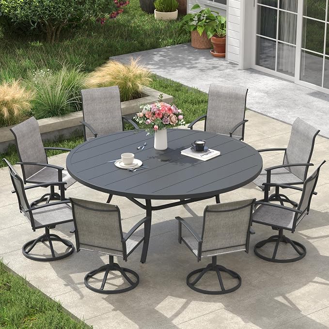 VICLLAX 63" Round Patio Table, Outdoor Dining Table for 8-10 with Umbrella Hole for Garden Lawn Deck Backyard, Dark Grey