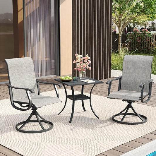 VICLLAX 3 Pieces Patio Dining Set for 2-28" Square Small Outdoor Table and 2 Patio Swivel Chairs for Lawn Garden, Grey Tabletop and Grey Fabric