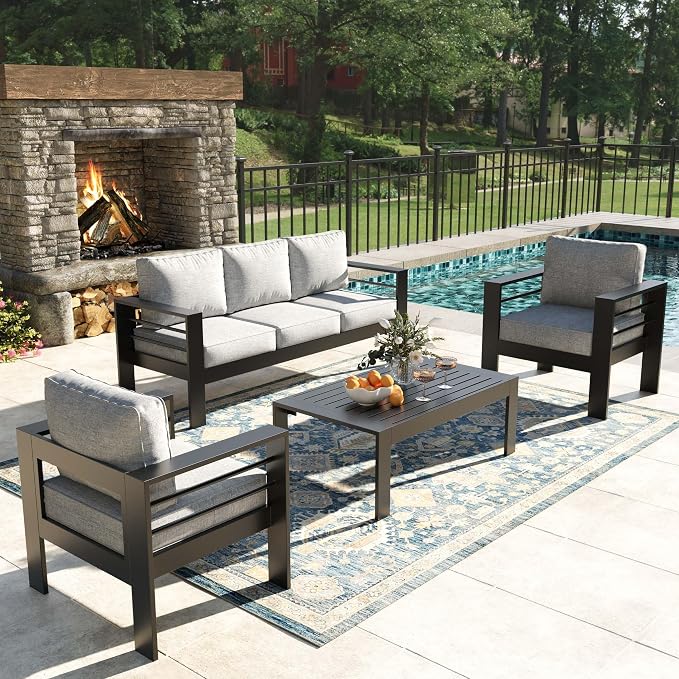 4 Pieces Modern Aluminum Patio Furniture Set, Outdoor Conversation Sets Metal Sectional Sofa with Coffee Table