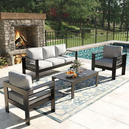 4 Pieces Modern Aluminum Patio Furniture Set, Outdoor Conversation Sets Metal Sectional Sofa with Coffee Table