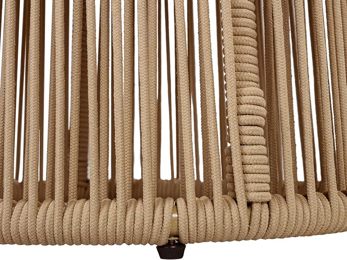 Conical Light Beige Rope Side Table, Teak Finish Acacia Wood Top, 150 lbs Capacity, No Assembly Required, Modern Open-Weave Round Accent Table for Patio Backyard Living Room