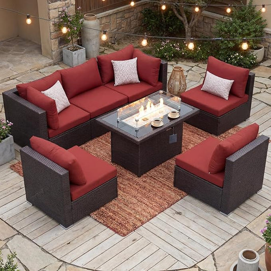 BULEXYARD 7-Piece Outdoor Patio Furniture Set with Propane/Natural Gas Fire Pit Table, Comfortable High-Back Sectional Couch Sofa, All-Weather Heavy Duty Backyard Seating, Brown Rattan & Red Cushion