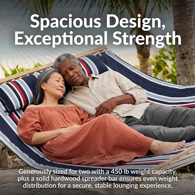 Sunnydaze Quilted Double Hammock for Outside with Spreader Bars and Pillow - 450 lb Capacity, 74x55 Inch Bed, UV Resistant, Quick Dry - Chains Included, Stand Sold Separately - Nautical Stripe