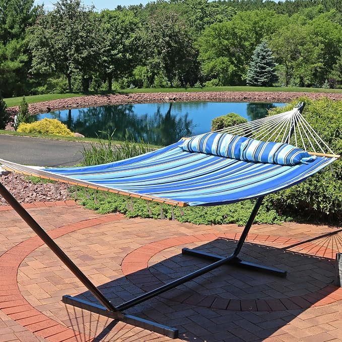 Sunnydaze Quilted Double Hammock for Outside with Spreader Bars and Pillow - 450 lb Capacity, 74x55 Inch Bed, UV Resistant, Quick Dry - Chains Included, Stand Sold Separately - Misty Beach