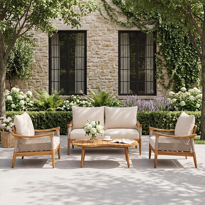 Christopher Knight Home Havets 4 Piece Patio Conversation Sets, Outdoor Acacia Wood Patio Seating Group,Woven Rope Loveseat Chairs with Cushions and Coffee Table for Porch Backyard Balcony, Teak+Beige
