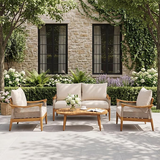 Christopher Knight Home Havets 4 Piece Patio Conversation Sets, Outdoor Acacia Wood Patio Seating Group,Woven Rope Loveseat Chairs with Cushions and Coffee Table for Porch Backyard Balcony, Teak+Beige