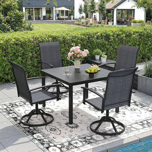 DIFY 5 Pieces Outdoor Dining Set, Metal Patio Table and Chairs Set for 4 with Umbrella Hole, 40.2" Black Square Table and Dark Grey Textilene Swivel Patio Chairs for Garden, Backyard, Poolside