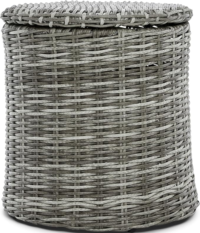 Pemberly Row Outdoor Side Table with Storage, Gray Hand-Woven All-Weather Wicker, Round Accent Table, 18 in Wide Top, 19 in Deep Storage, Adjustable Feet for Patio or Terrace Use