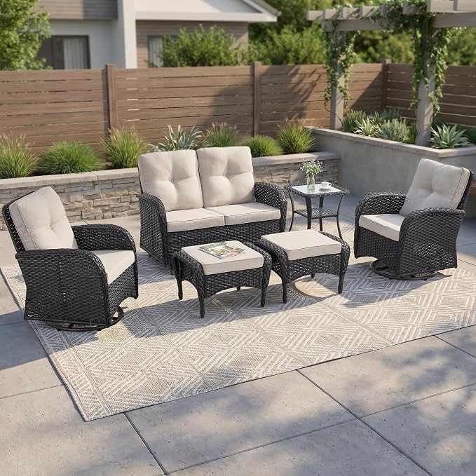 6 Piece Patio Furniture Set - Wicker Patio Conversation Set with Swivel Glider, Glider Loveseat, Tempered Glass Side Table and 2 Ottomans for Deck Backyard - Black Wicker Beige Cushion