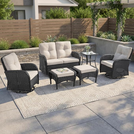 6 Piece Patio Furniture Set - Wicker Patio Conversation Set with Swivel Glider, Glider Loveseat, Tempered Glass Side Table and 2 Ottomans for Deck Backyard - Black Wicker Beige Cushion