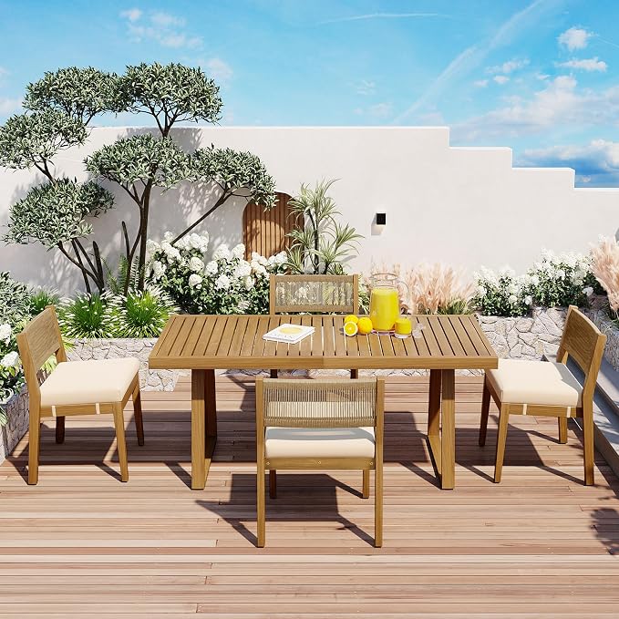 5-Piece Set Acacia Wood Dining Table and Chair Set, ll-Weather Outdoor Conversation Set Gathering Set.Thick Cushions, Suitable for Balcony, Vourtyard, and Garden (Beige@093)