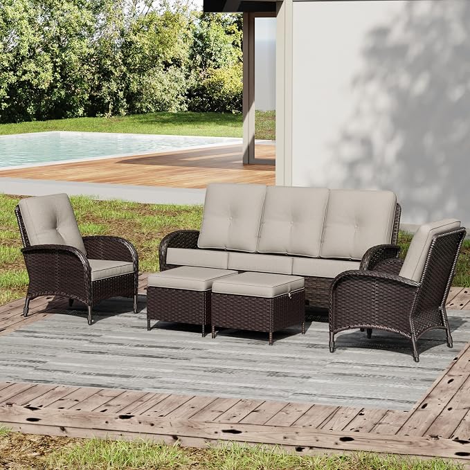 Joyside Wicker Patio Furniture Set, 5 Piece Outdoor Furniture Set with Thickened Cushions, High Back, Deep Seating, Wide Armrest, Rattan Outdoor Chairs for Porch, Deck
