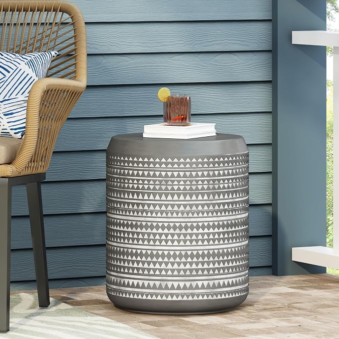 Outdoor Side Table 15.5" Cylindrical Shape Lightweight Concrete-Look Outdoor Indoor Accent Table Decorative Garden Stools, for Patio Porch Living Room, Grey
