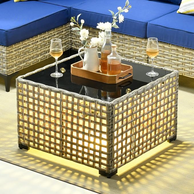 CAODOC 11 Pieces Outdoor Patio Furniture Set, Rattan Wicker Sectional Swivel Rocker Chairs Sets with Fire Pit, Swivel Glider Chairs, and Solar Powered Table