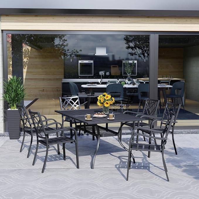 SOLAURA 7-Piece Outdoor Patio Dining Set, 6 Person Outside Table and Chairs Set, Metal Stacked Chairs of 6, Slat Table Top with 1.57" Umbrella Hole (Black)