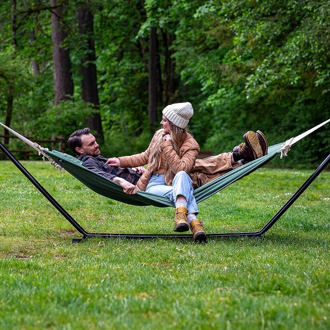 SUNCREAT Hammocks Extra Large Double Hammock with 12 ft Stand, 475lbs Capacity, Outdoor Portable Hammock with Hardwood Spreader Bar, Extra Large Pillow, Gray Green