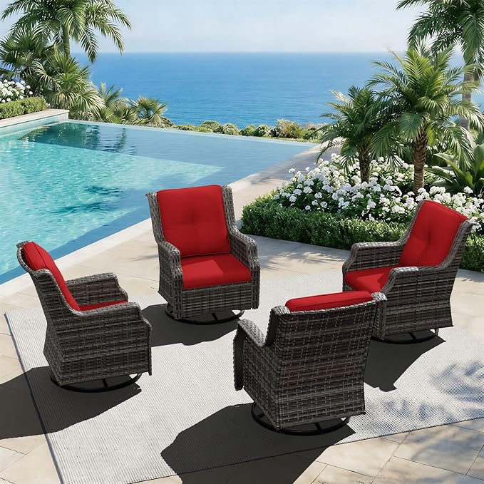 Outdoor Patio Furniture Set, 4 Piece Wicker Patio Furniture with Thick Cushions, Curved Armrest, Deep Seating, Outdoor Swivel Rocker Chairs for Porch, Deck, Balcony