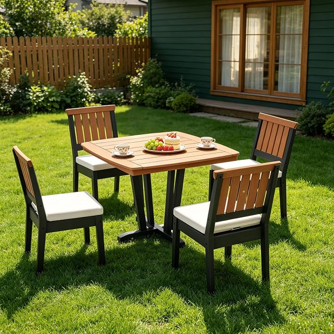 Patio Dining Set for 4, 5-Piece Square Outdoor Dining Set with 4 HDPE Patio Armless Chairs with Cushion and a 42“ Square Outdoor Dining Table, Luxurious Two-Tone Finish for Poolside or Backyard Use